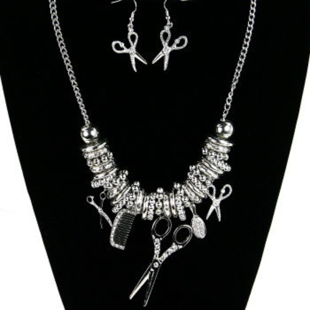 Silver Hair Stylist Necklace & Earring Set